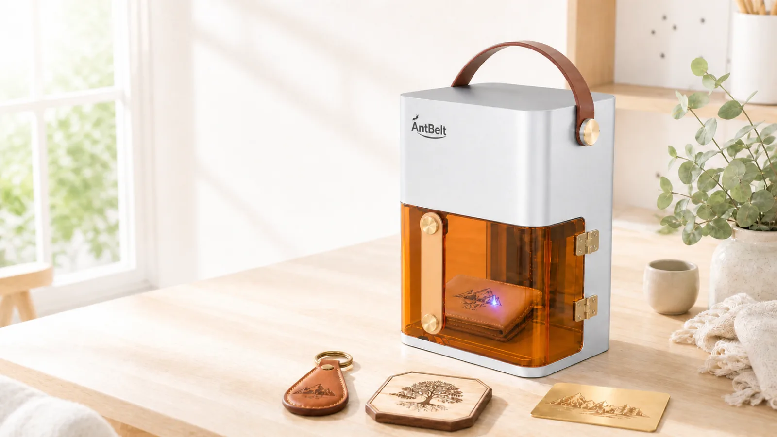 AntBelt T1 fully enclosed galvo engraver in a bright home studio